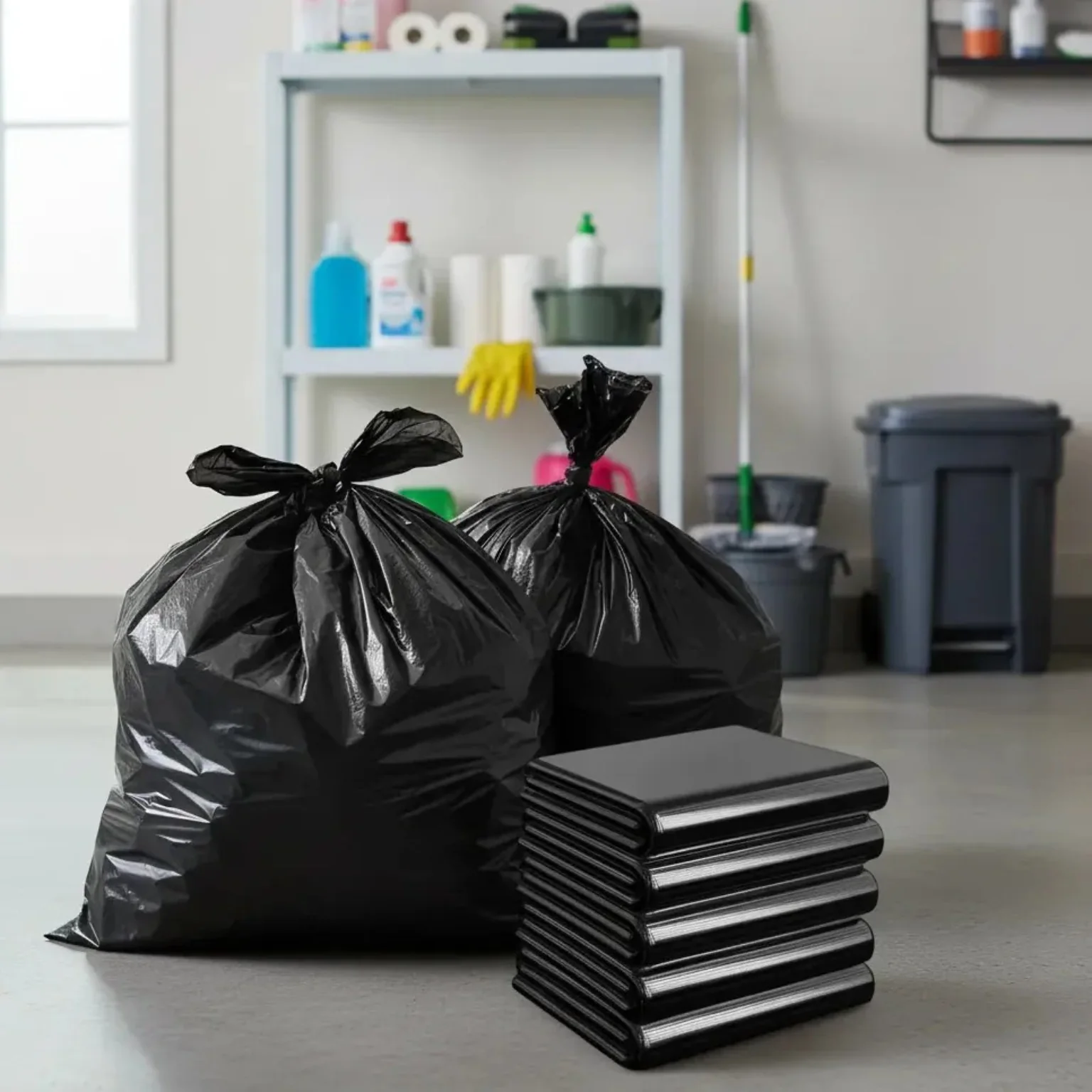 Bolsas negras para residuos y paquetes apilados